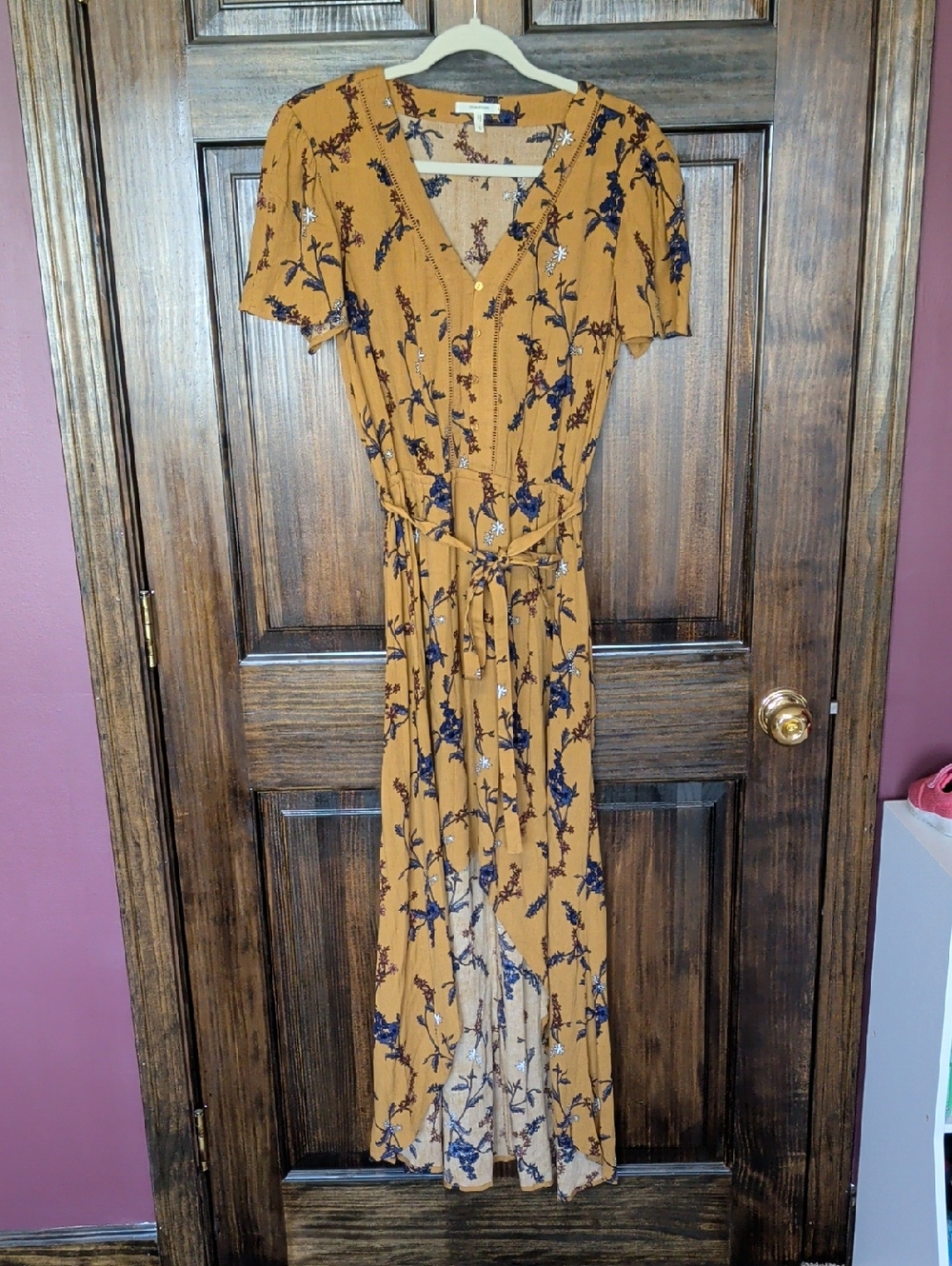 Maurices Mustard Floral Button-Front Maxi Dress